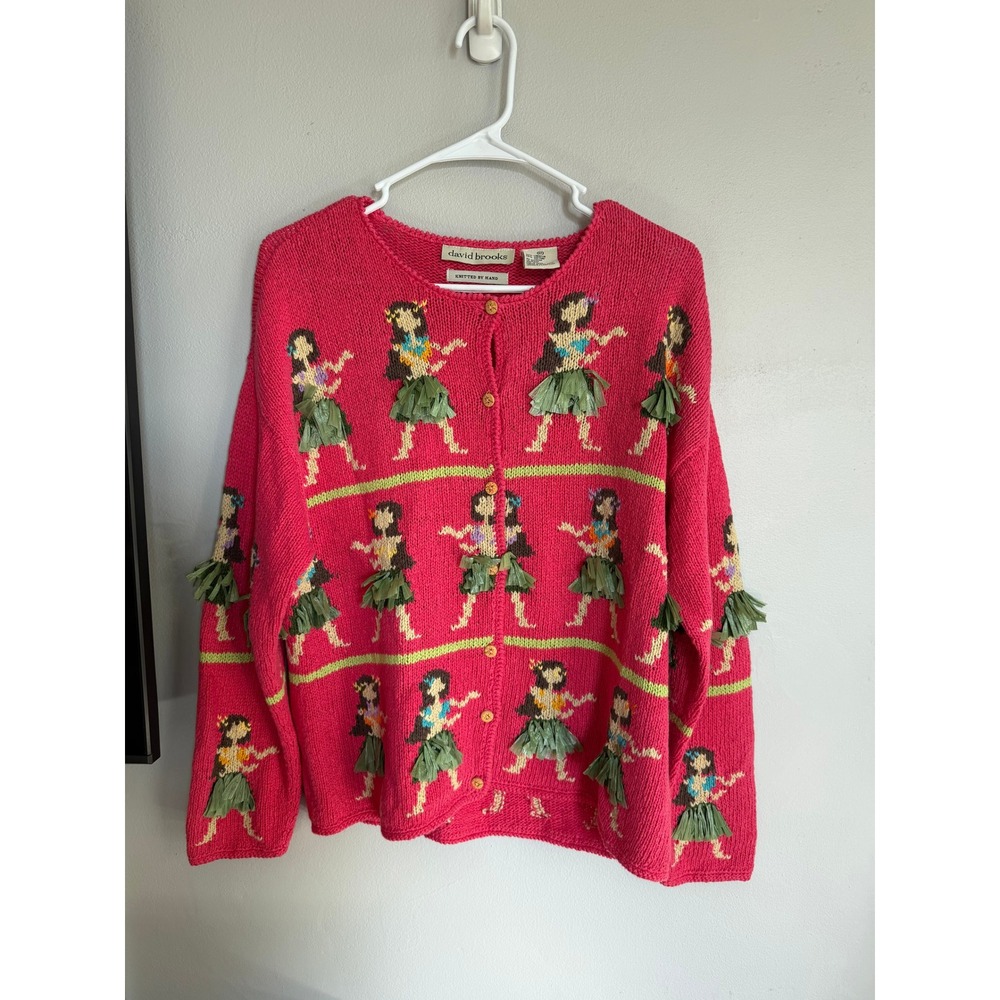 Vintage Hula Dancer Hand Knitted Cardigan Pink Linen Cotton Sweater M